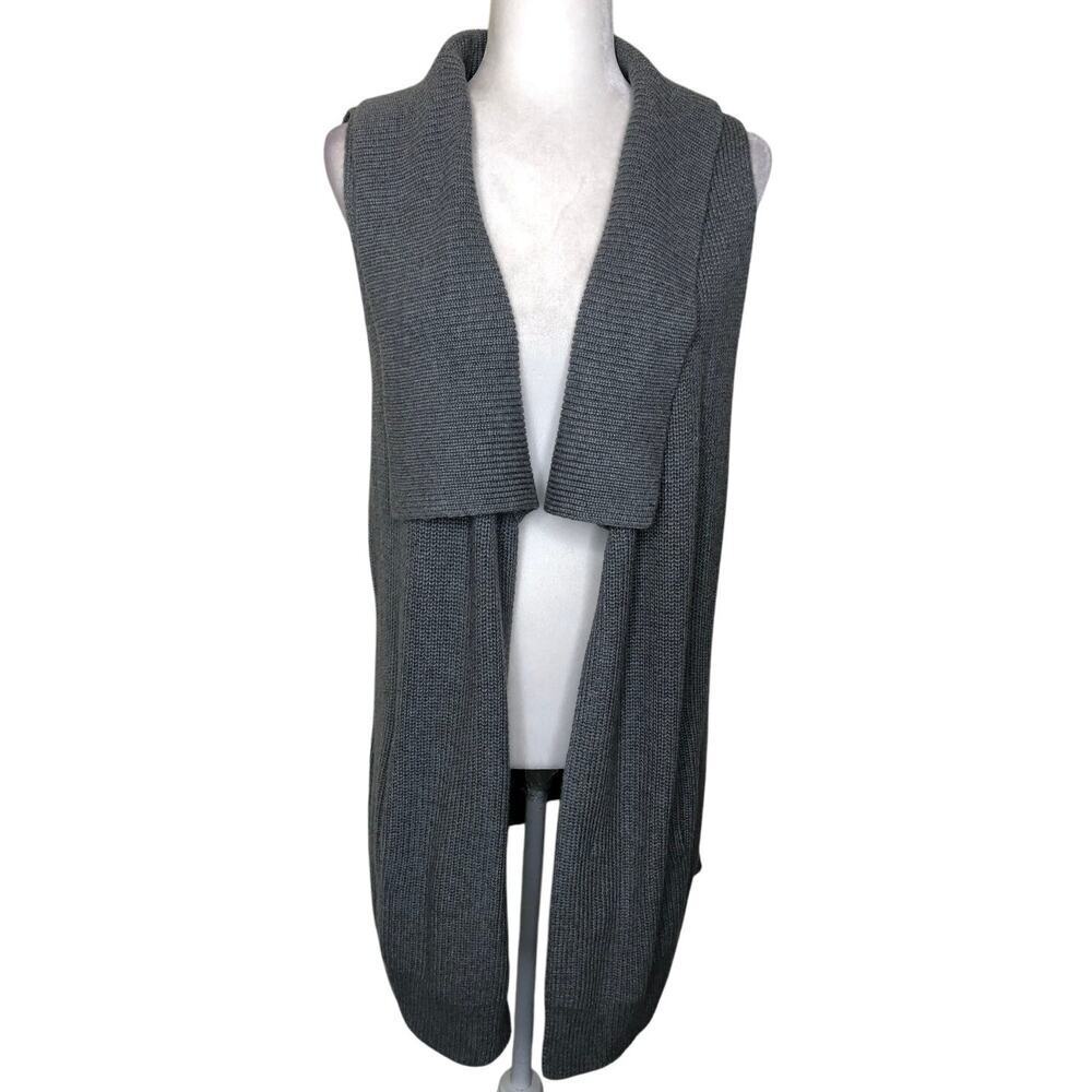 Talbots NWT Medium Cotton Blend Ribbed Knit Long Open Vest Cardigan Gray Fall